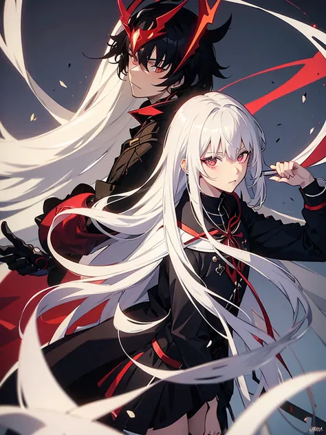 anime boy with white hair wearing war amor , holding anime girl with black and red long hair, put on war amor blushing blushing