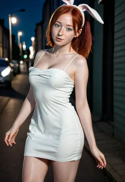 high quality instagram photo, full body of a Scandinavian girl, 20 years old, red hair, sexy, green eyes, freckles, cute face, (large breasts), big ass in a very hot, short, tight white dress, (in toppless), detailed bunny ears, night street, standing
