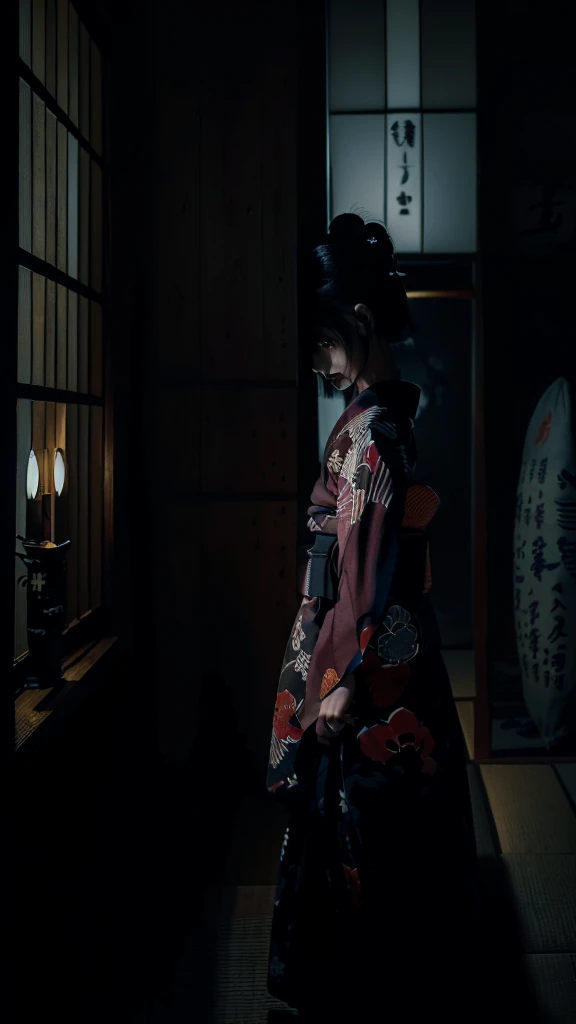 Ultra-detailed, master piece, (best quality:1.5), (high resolution:1.5), (midnight: 1.5), Edo period, (creepy girl in old yukata:1.5), (standing in a corner of a dark room), (Japanese-style room at night with an eerie atmosphere:1.5), youkai, Japan, (Super...