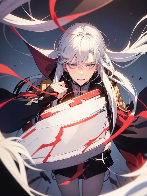 Anime boy with white hair wearing war amor , holding anime girl with black and red long hair, put on war amor blushing blushing 