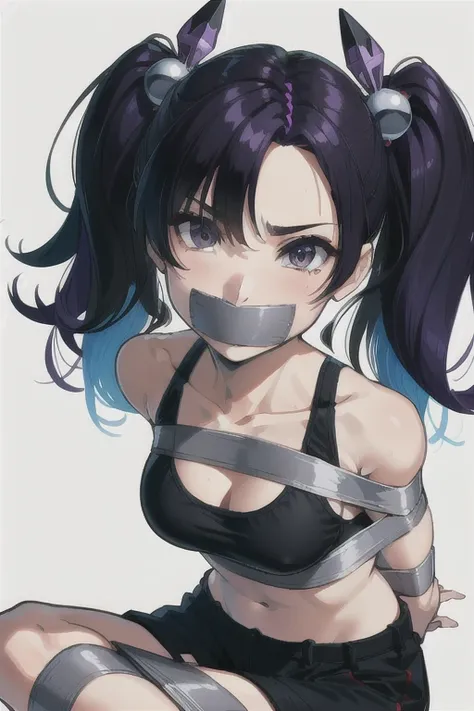 masterpiece, (best quality), perfect eyes, bound, bondage, (arms behind back:1.4), bdsm, tape gag, tape, tape bondage, close-up, restrained, best anatomy, curled up, upper body, shinobu kochou, black hair, forehead, gradient hair, hair ornament, multicolor...