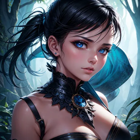 a young girl, 1girl!!!, light blue short ponytail hair, without breasts, blue eyes, happy face, black short crop top, black small short, full body, full body, dark forest, incredibly sexy body, detailed face, beautiful detailed eyes, beautiful detailed lip...