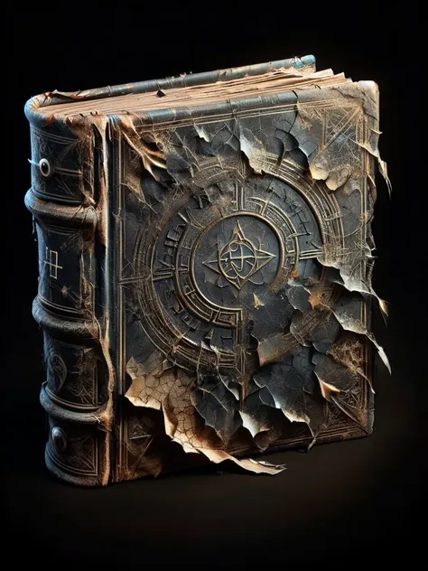 ais-olde book, its leather cover cracked and brittle, pages filled with cryptic symbols glowing faintly in the darkness ,round e...