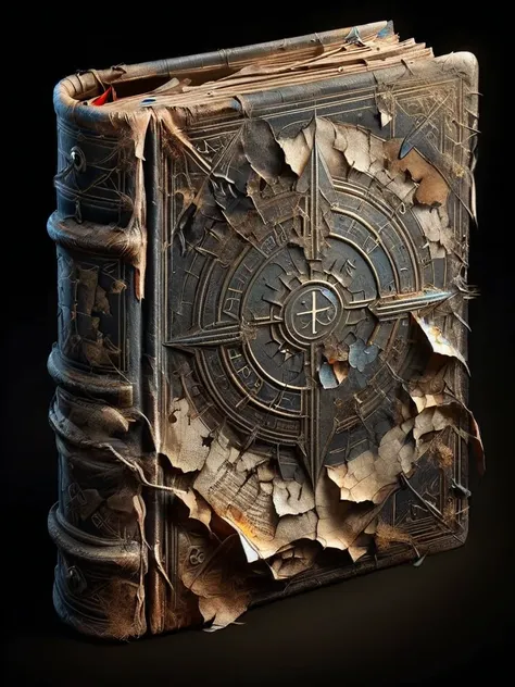 ais-olde book, its leather cover cracked and brittle, pages filled with cryptic symbols glowing faintly in the darkness ,round e...