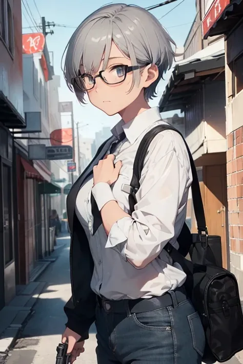 male,old,Glasses,Gray Hair,Short Hair,BREAK holding a pistol in right hand,set a target.BREAK {{{masterpiece}}},{best quality},super detailed,super fine illustration,8K.beautiful background,