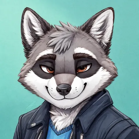 headshot of a grey anthropomorphic raccoon, cute, closed smile, he's dressed with a jacket, high quality furry art, high quality...