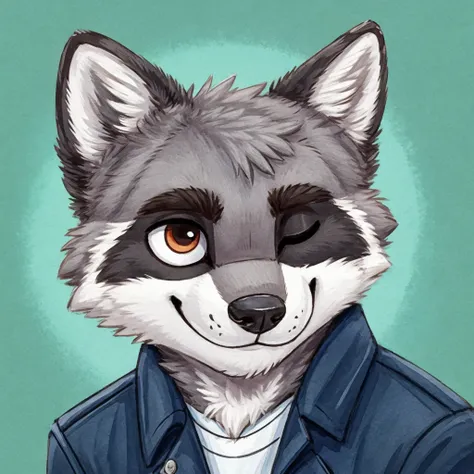 headshot of a grey anthropomorphic raccoon, cute, closed smile, he's dressed with a jacket, high quality furry art, high quality...