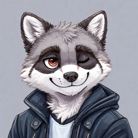 headshot of a grey anthropomorphic raccoon, cute, closed smile, he's dressed with a jacket, high quality furry art, high quality...