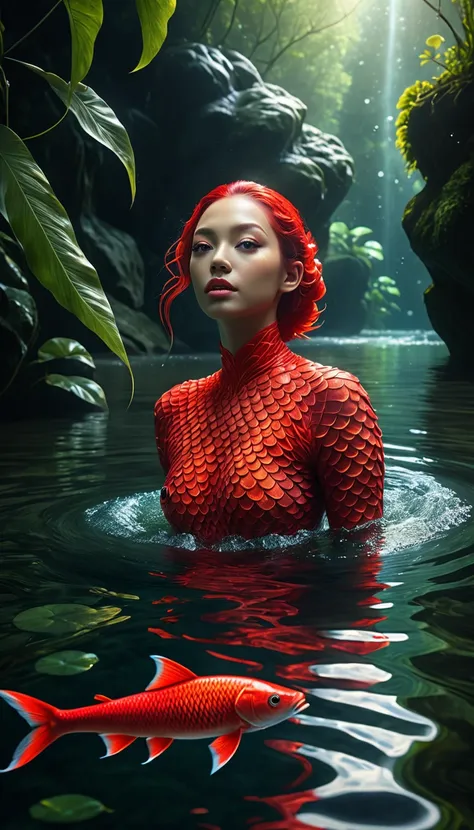 a mythical creature with a human face and red fish body swimming in a river, highly detailed, 4k, 8k, highres, masterpiece, ultr...