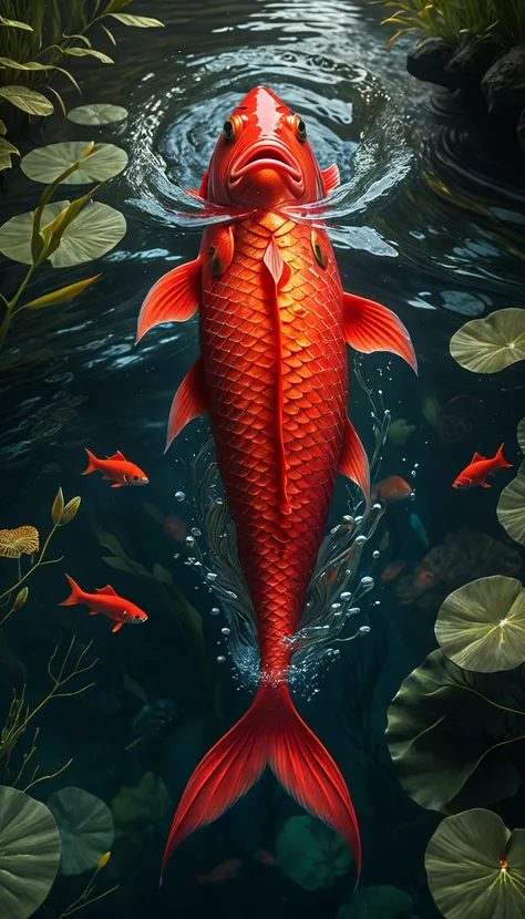 a mythical creature with a human face and red fish body swimming in a river, highly detailed, 4k, 8k, highres, masterpiece, ultra-detailed, realistic, photorealistic, photo-realistic, extremely detailed animal, intricate patterns, realistic lighting, fanta...