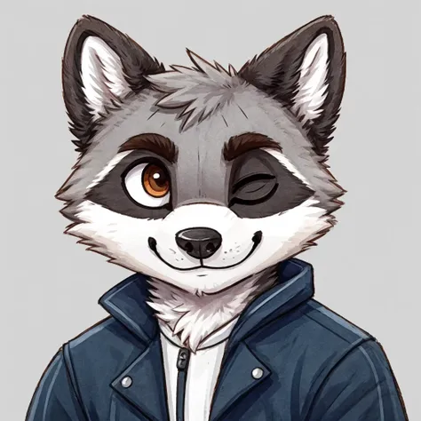 headshot of a grey anthropomorphic raccoon, chibi style, closed smile, he's dressed with a jacket, high quality furry art, high ...