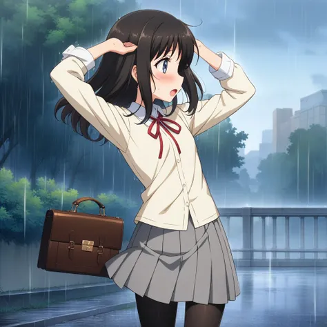 1girl, yaomai, official art, absurdres, 1girl, arms up, black hair, black pantyhose, blue eyes, blush, briefcase, covering head, grey skirt, medium hair, neck ribbon, open mouth, outdoors, pantyhose, pleated skirt, profile, rain, red ribbon, ribbon, runnin...