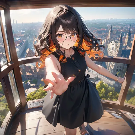 masterpiece, photo_real, official_art, octane_render, 1girl, 22yo, Clock Tower Observation Deck, selfy, diffused_natural_skin_glow, jet_black_hair, colored_inner_orange, ombre_hair, multicolored_hair, curly_hair, detailed_brown_eyes, moist_eyes, staring, c...