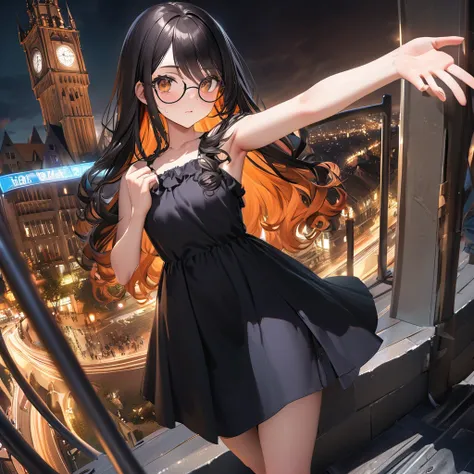 masterpiece, photo_real, official_art, octane_render, 1girl, 22yo, Clock Tower Observation Deck, selfy, diffused_natural_skin_glow, jet_black_hair, colored_inner_orange, ombre_hair, multicolored_hair, curly_hair, detailed_brown_eyes, moist_eyes, staring, c...