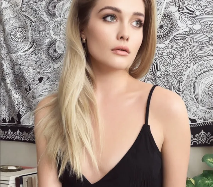 blond woman with long hair wearing black dress and earrings, long blonde hair and large eyes, anna nikonova aka newmilky, inspired by Emma Andijewska, woman looks like sharon tate, blonde hair and large eyes, aleksandra waliszewska, angelina stroganova, 2 ...