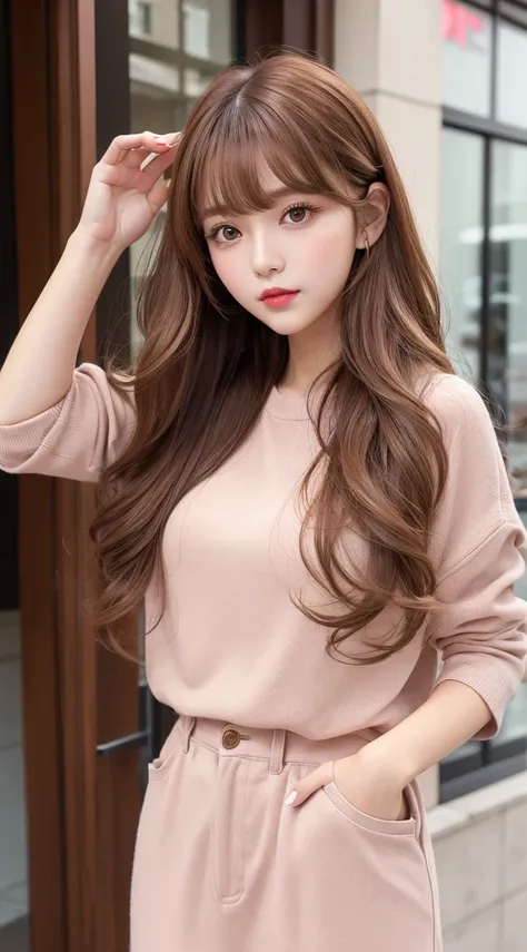 Full Body Shot、Autumn and winter sweet casual hairstyle portrait。Her hair color is caramel brown.、Straight bangs and natural wave styling。rose pink lips and gold eyeshadow、Creates a pleasant and sweet atmosphere。