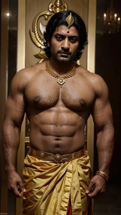 Malayalam actor Prithviraj Sukumaran, with his chiseled features and intense gaze, brings to life the character of Karnan, the powerful warrior from the Mahabharata. He wears a regal costume, adorned with armor and a golden crown, symbolizing Karnans statu...