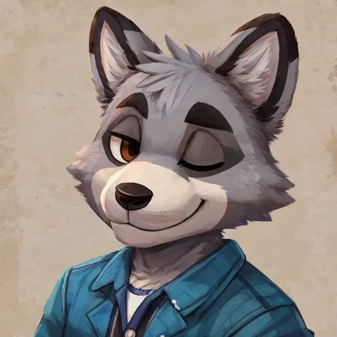 headshot of a grey anthropomorphic raccoon, animal crossing style, closed smile, hes dressed with a jacket, high quality furry art, high quality fursona ref.