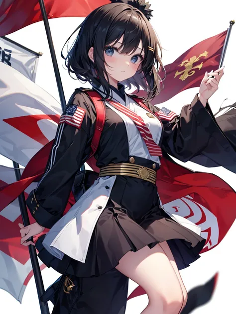 A beautiful girl skillfully manipulates the marching band flags、White background、Dynamic Flag Background、The flag is black with Kinu&#39;s flower embroidery, and it looks really cool.、whole body、Marching Band Uniforms、Knee-high boots、whole body、detailed、