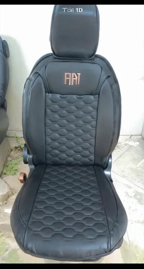 Terra cotta leather bench, with copper stitching details, with Fiat logo in the middle , a copper color. Realistic super detailed 4k full HD image.