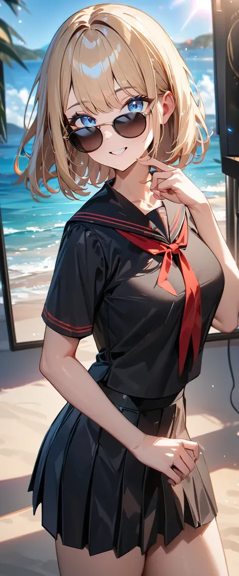 (((One girl))), ((beach)), noon, blond hair, bob cut, breasts, from front, (cowboy shot), standard body, (looking at viewer), ((black serafuku out of skirt)), black skirt, ((red ribbon)), ((sunglasses)), hand to sunglasses, teenager, head tilt:1.3, (((blue...