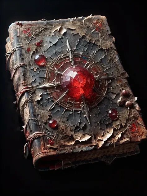 ais-olde book, its leather cover cracked and brittle, pages filled with cryptic symbols glowing faintly in the darkness ,A red crystal on the cover