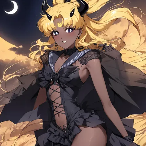 ((Highest quality)), ((masterpiece)), (detailed), （Perfect Face）、The woman is leaning and embracing her husband, the Demon King. She is the Dark Queen of the Black Moon of the Black Moon Clan, a demon warrior of lust and evil, the Demon Queen Sailor Moon, ...