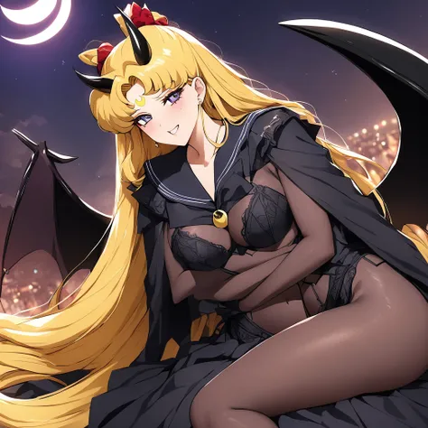 ((Highest quality)), ((masterpiece)), (detailed), （Perfect Face）、The woman is leaning and embracing her husband, the Demon King. She is the Dark Queen of the Black Moon of the Black Moon Clan, a demon warrior of lust and evil, the Demon Queen Sailor Moon, ...