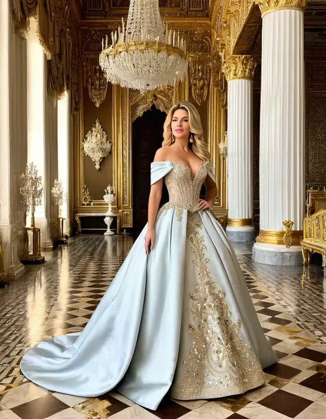 A blonde woman in an elegant ball gown, standing in a grand palace with opulent decor and royal furnishings.