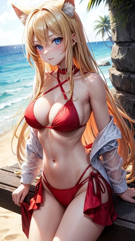 neko girl long blonde hair,blue eyes,big chest,sexy,dressed in red bikini,on the beach 