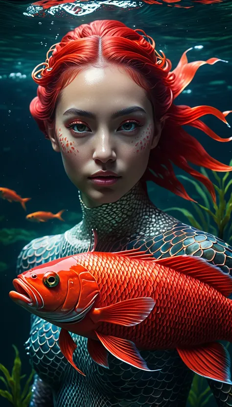 a mythical creature with a human face and red fish body swimming in a river, highly detailed, 4k, 8k, highres, masterpiece, ultr...