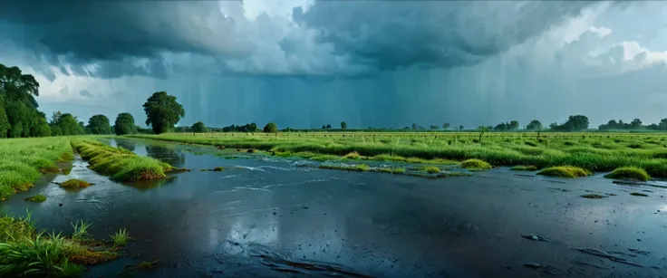  river side , blue sky in background , heavy rain , ultrawide shot , rain drops , puddles , cinematic ,