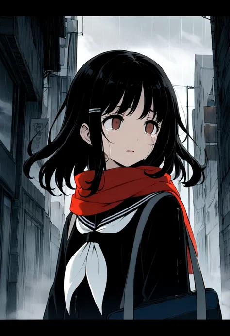 1girl, yaomai, official art, absurdres, bag, black hair, black sailor collar, black serafuku, blurry background, brown eyes, building, carrying bag, city, cityscape, crying, crying with eyes open, day, double-parted bangs, empty eyes, enpera, eyebrows hidd...