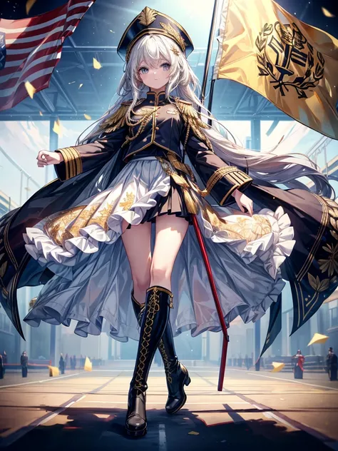 A beautiful girl skillfully manipulates the marching band flags、hat、White background、Dynamic Flag Background、The flag is black with gold floral embroidery and looks super cool.、whole body、Marching Band Uniforms、Knee-high boots、whole body、detailed、