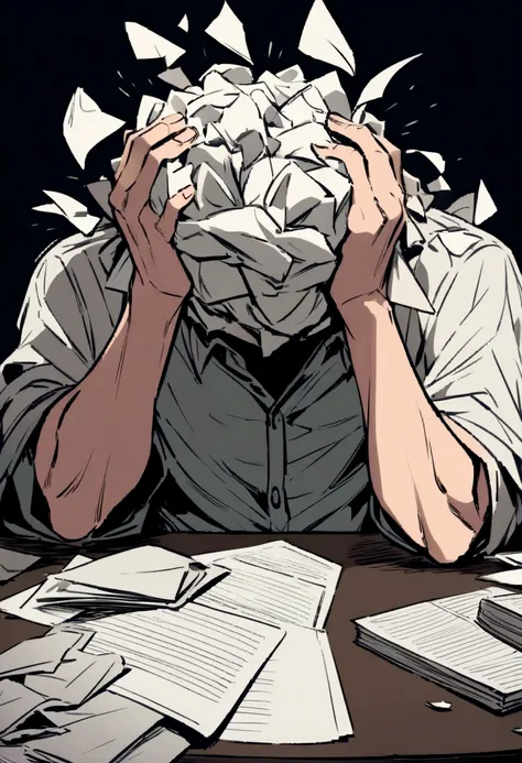 A person sitting at a table with a bunch of crumpled papers, holding his head in frustration, symbolizing creative block.