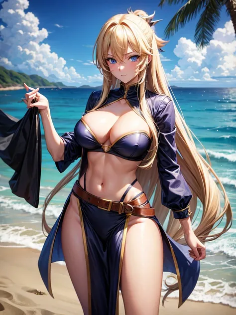 neko girl long blonde hair,blue eyes,big chest,sexy,dressed as a sexy pirate ,on the beach 