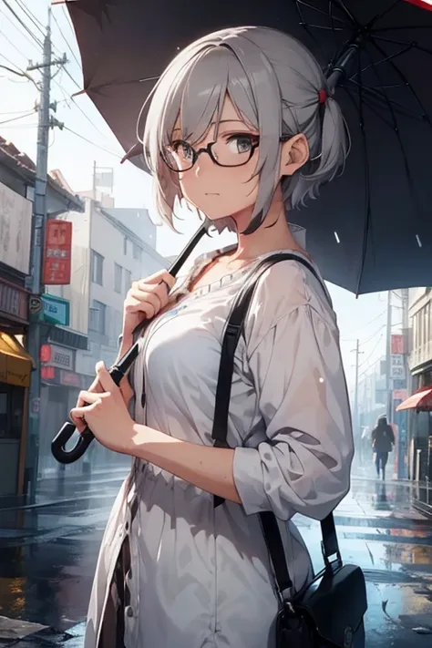 BREAK,female,old,Glasses,Gray Hair,Short Hair,BREAK she holds an umbrella in left hand.BREAK she holds a pistol in right hand.BREAK {{{masterpiece}}},{best quality},{super detailed},super fine illustration,8K.beautiful background,rain