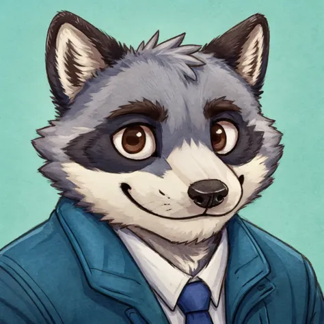 headshot of a grey fur anthropomorphic raccoon, closed smile, animal crossing style, he has brown eyes, he's dressed with a blue...