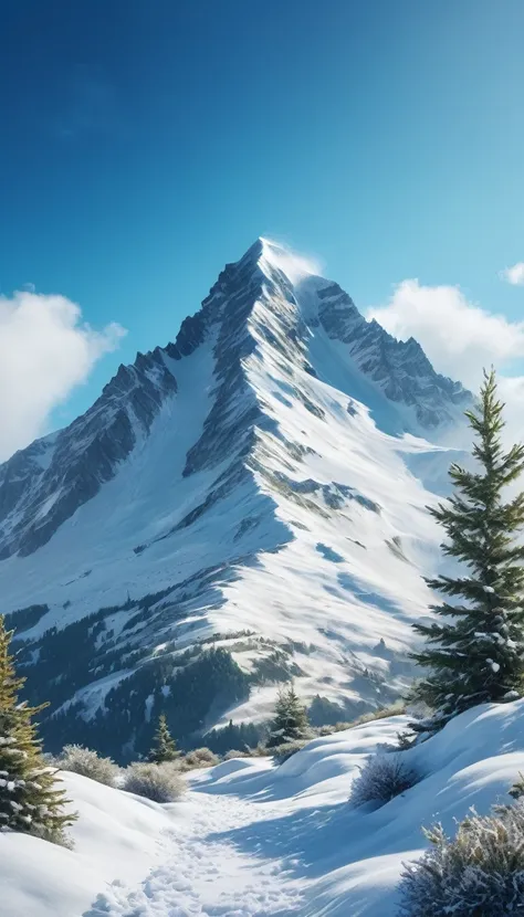 mountain landscape, snow on mountain peak, bottom-up image, vegetation, blue sky, cinematic lighting, aspect ratio 19:6, image q...