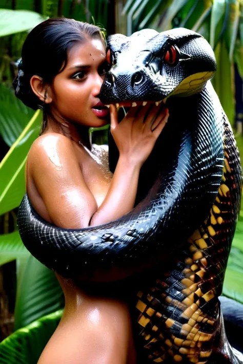 4 feet tall  Naked aroused horny beautiful Indian young teen girl vs Giant colossal black titanboa monster wrapped around her body squeezing her in coiled embrace cuddling and kissing sexual erotic  sex realistic in the jungle  snake tongue kissing, vagina...