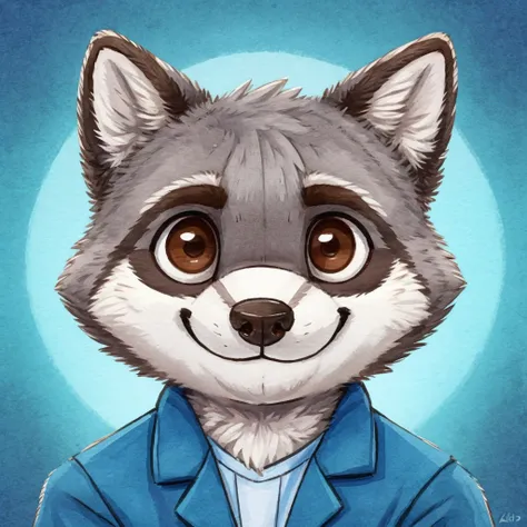 headshot of a grey fur anthropomorphic raccoon, closed smile, chibi style, he has brown eyes, he's dressed with a blue jacket, h...