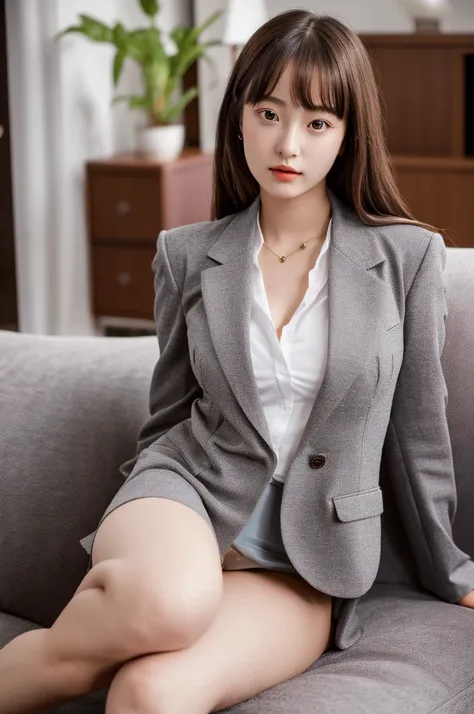 a 16 year old girl, she is the most beautiful actress in japan, the perfect body proportions of this girl, the blazer is firmly worn on the formal shirt which is worn her whole upper body, nothing is worn on her bare crotch between her opened legs, the ope...