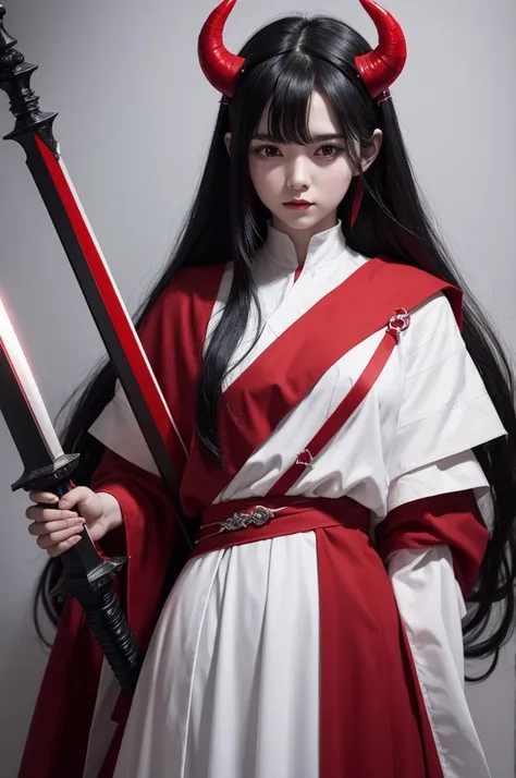 Black hair red horns white skin red clothes with black sword on back crown on head woman 