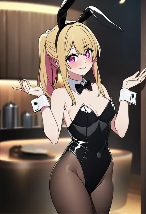 Blonde、Highest quality、high resolution、8K,Highest quality、Star-shaped pupil、The best smile、long hair、Pink Eyes、ponytail、Cowboy Shot、One person、playboy bunny,rabbit ears, black rabbit ears, fake rabbit ears, pantyhose, black pantyhose,bowtie, wrist cuffs, b...