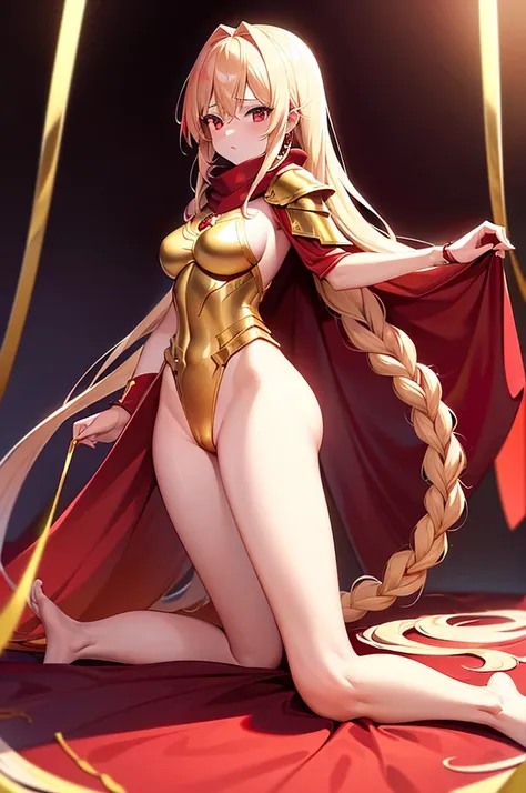 extremly detaled, dynamic back kneel pose, bare feet, detaled feet, ,goddess, gold detaled armor with red finish, long white hair, red cape and scarf, gold hair clip, gold heavy body cover armor with red finish, show big ass and pussy, orginal hairstyle wi...