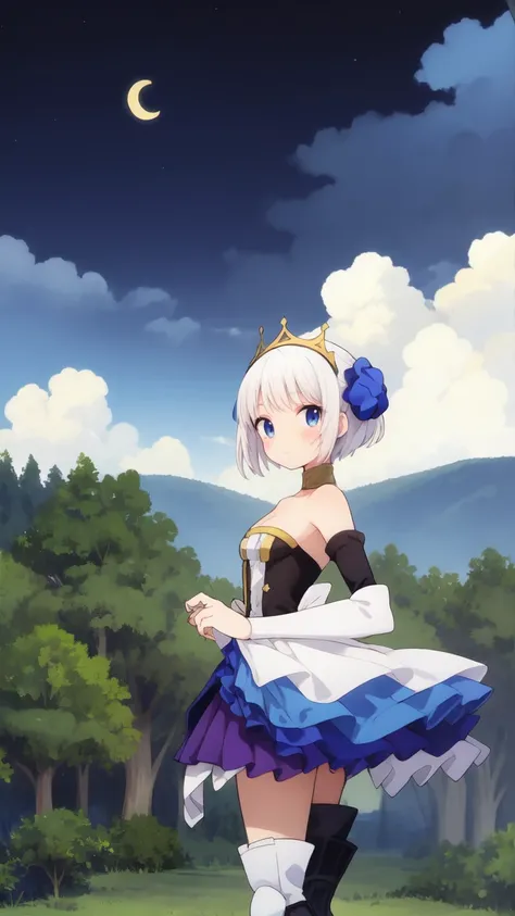 best quality, masterpiece, gwenos, short hair, low feathers, white strapless dress, tiara, detached gauntlets, gold collar, armored thigh boots, hair buns, looking at viewer, OdinSphereStyle, midnight, cloudy sky, crescent moon, forest, moonlight, horizon,...