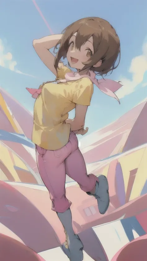 Top quality, masterpiece, high resolution, details, Top quality, masterpiece, high resolution, details, perfect anatomy, (cute girl), smiling, HikariDigi, open mouth, yellow sleveless shirt, pink pants, rubber boots, shoes, sky, solo,Background is blue sky...