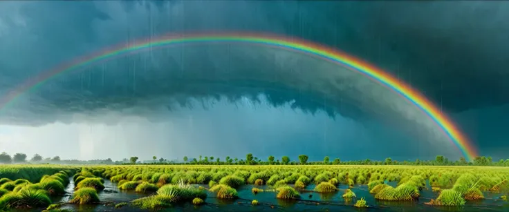 river side , blue sky in background , heavy rain , ultrawide shot , rain drops , rainbow , cinematic , colorful