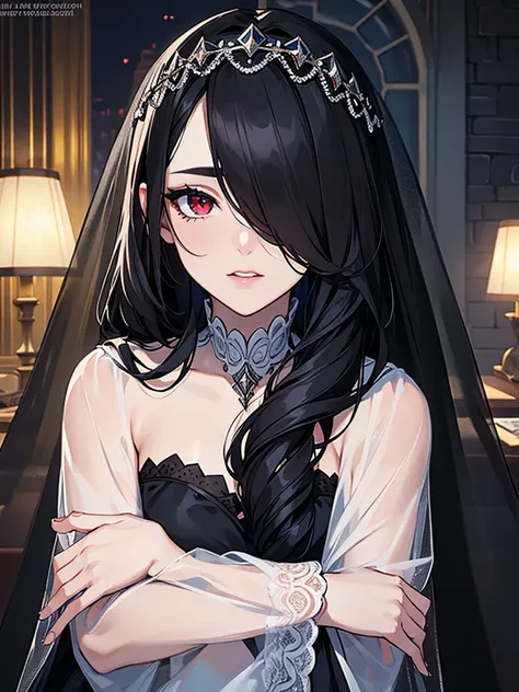 (Super detailed:1.3), ((((best quality)))), ((masterpiece)), female focus, solo,hotify, stunning beauty, powerful glow, detailed face, detailed eyes, detailed lips,castle interior background,(nighttime),moonlight,((black hair)),long hair, black mourning dr...