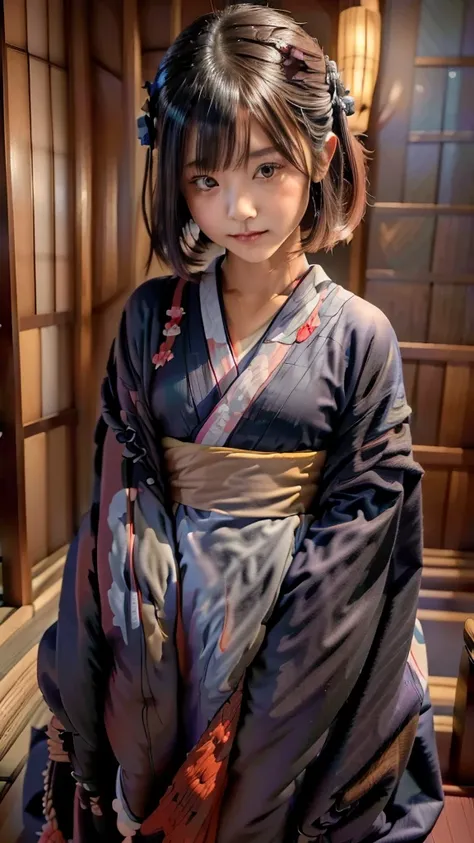 Ultra-detailed, master piece, (best quality:1.5), (high resolution:1.5), (midnight: 1.5), Edo period, (girl in old kimono:1.5), (beautiful Japanese face) (standing in the corner of a dark room), (Japanese traditional room at night with eerie atmosphere:1.5...